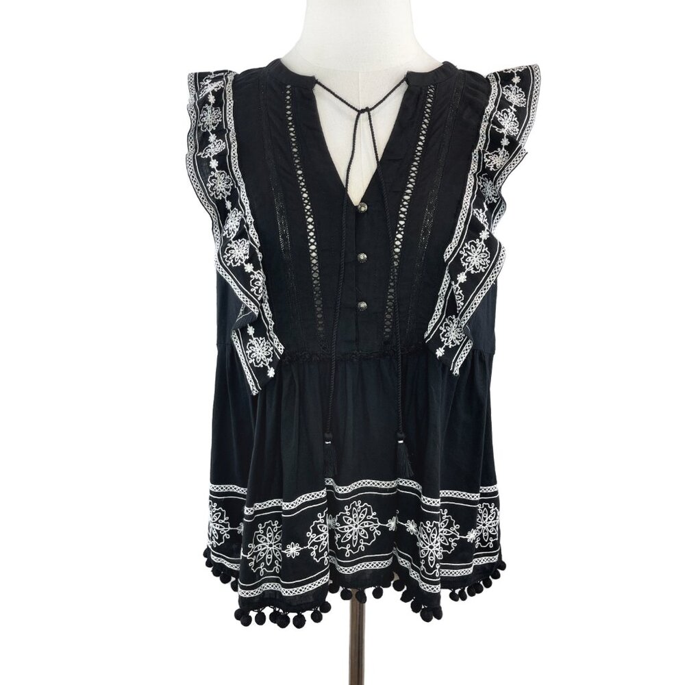Anthropologie Akemi + Kin Adelina Embroidered Pom Detail Ruffle Blouse